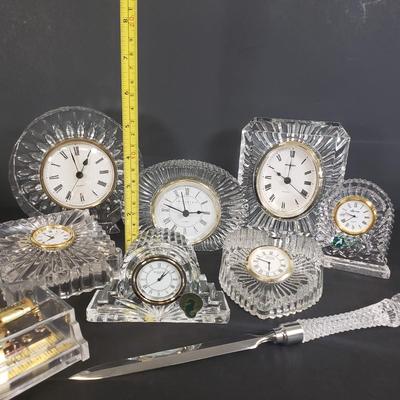 LOT 103: Collection of Crystal Desktop and Mantel Clocks; Waterford, Killarney, and Others