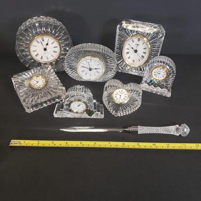 LOT 103: Collection of Crystal Desktop and Mantel Clocks; Waterford, Killarney, and Others