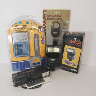 LOT 104: Vintage 110 Film Camera, Flash, Camcorder Light, Digital Camera Charger