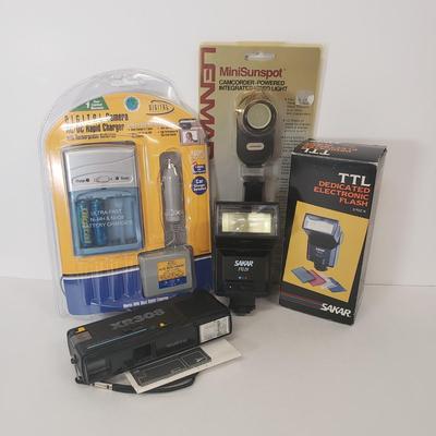 LOT 104: Vintage 110 Film Camera, Flash, Camcorder Light, Digital Camera Charger