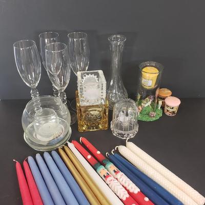 LOT 105: Assorted Decor; Celestial Candle Holders, West German Crystal Bird in Cage, Many Candles & More