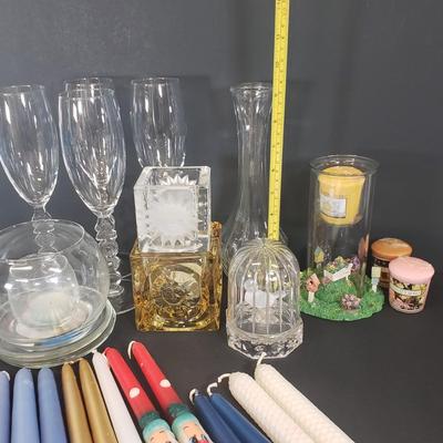 LOT 105: Assorted Decor; Celestial Candle Holders, West German Crystal Bird in Cage, Many Candles & More