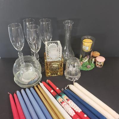 LOT 105: Assorted Decor; Celestial Candle Holders, West German Crystal Bird in Cage, Many Candles & More