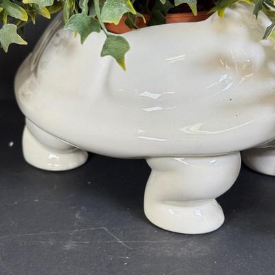 LOT 109: White Ceramic Turtle Planter w/ Faux Ivy in Terra Cotta Pot