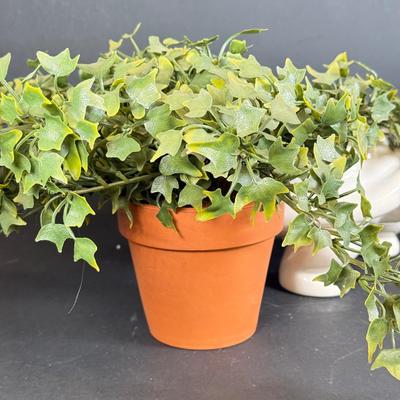 LOT 109: White Ceramic Turtle Planter w/ Faux Ivy in Terra Cotta Pot