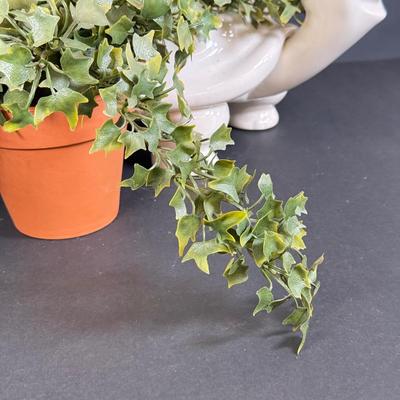 LOT 109: White Ceramic Turtle Planter w/ Faux Ivy in Terra Cotta Pot