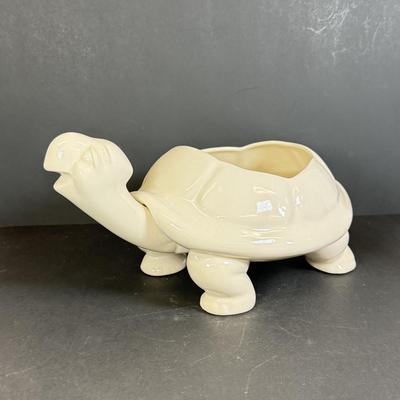 LOT 109: White Ceramic Turtle Planter w/ Faux Ivy in Terra Cotta Pot