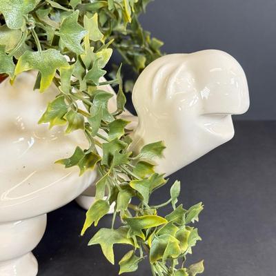 LOT 109: White Ceramic Turtle Planter w/ Faux Ivy in Terra Cotta Pot