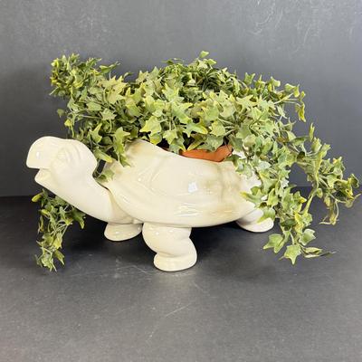 LOT 109: White Ceramic Turtle Planter w/ Faux Ivy in Terra Cotta Pot