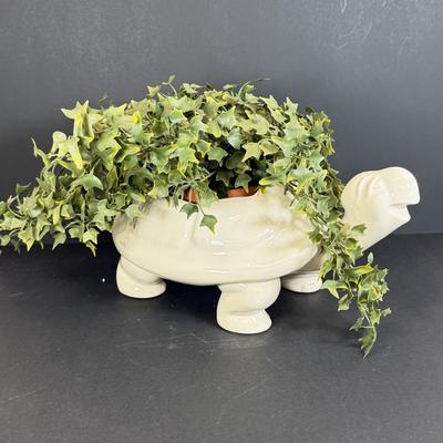 LOT 109: White Ceramic Turtle Planter w/ Faux Ivy in Terra Cotta Pot