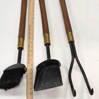 LOT 136: Mid-century Set of Wood Handle Fire Place Tools In Iron Stand