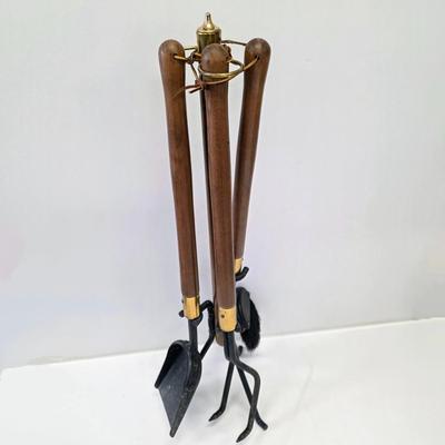LOT 136: Mid-century Set of Wood Handle Fire Place Tools In Iron Stand