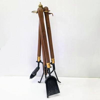 LOT 136: Mid-century Set of Wood Handle Fire Place Tools In Iron Stand