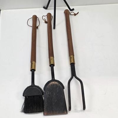 LOT 136: Mid-century Set of Wood Handle Fire Place Tools In Iron Stand