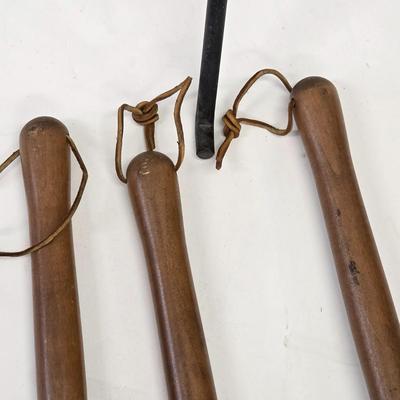 LOT 136: Mid-century Set of Wood Handle Fire Place Tools In Iron Stand