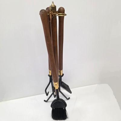 LOT 136: Mid-century Set of Wood Handle Fire Place Tools In Iron Stand