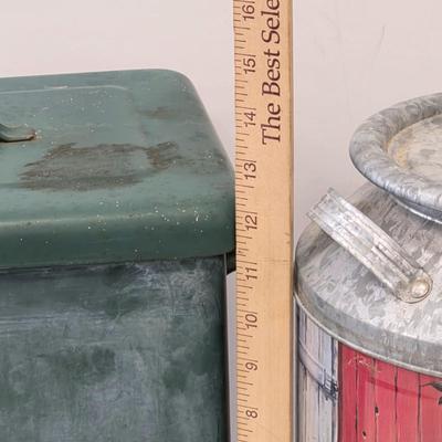 LOT 137: Vintage Gardening Tin & Decorative Milk Can Design, Barnyard Themed Popcorn Tin