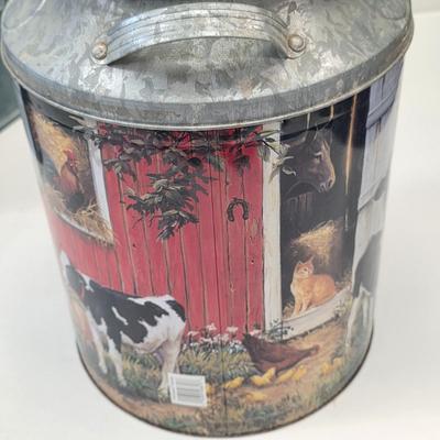 LOT 137: Vintage Gardening Tin & Decorative Milk Can Design, Barnyard Themed Popcorn Tin