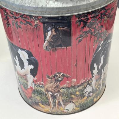 LOT 137: Vintage Gardening Tin & Decorative Milk Can Design, Barnyard Themed Popcorn Tin
