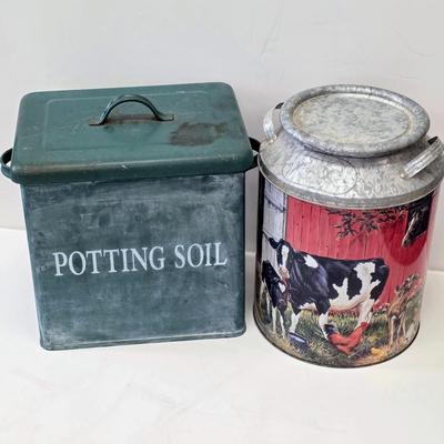 LOT 137: Vintage Gardening Tin & Decorative Milk Can Design, Barnyard Themed Popcorn Tin