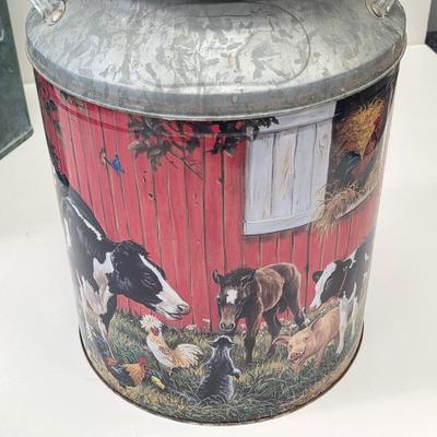 LOT 137: Vintage Gardening Tin & Decorative Milk Can Design, Barnyard Themed Popcorn Tin