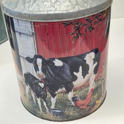 LOT 137: Vintage Gardening Tin & Decorative Milk Can Design, Barnyard Themed Popcorn Tin