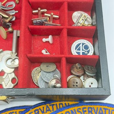 LOT 145: Jewelry Box filled w/ Vintage Cufflinks, Tie Clips, Patches & More