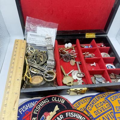 LOT 145: Jewelry Box filled w/ Vintage Cufflinks, Tie Clips, Patches & More