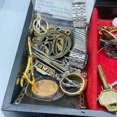 LOT 145: Jewelry Box filled w/ Vintage Cufflinks, Tie Clips, Patches & More