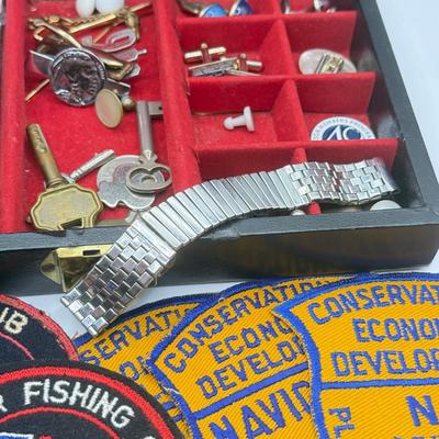 LOT 145: Jewelry Box filled w/ Vintage Cufflinks, Tie Clips, Patches & More