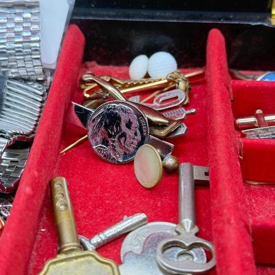 LOT 145: Jewelry Box filled w/ Vintage Cufflinks, Tie Clips, Patches & More