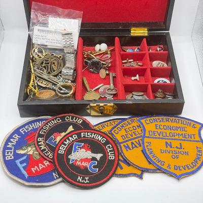 LOT 145: Jewelry Box filled w/ Vintage Cufflinks, Tie Clips, Patches & More