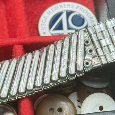 LOT 145: Jewelry Box filled w/ Vintage Cufflinks, Tie Clips, Patches & More