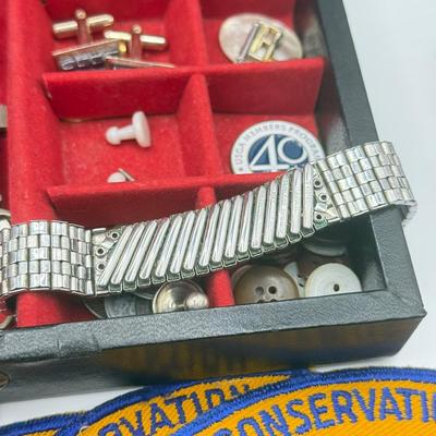 LOT 145: Jewelry Box filled w/ Vintage Cufflinks, Tie Clips, Patches & More