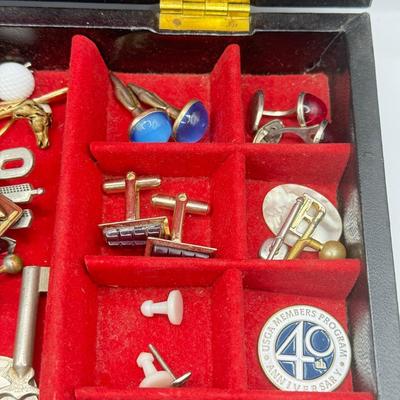 LOT 145: Jewelry Box filled w/ Vintage Cufflinks, Tie Clips, Patches & More