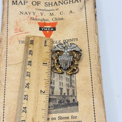 LOT 147: Sterling US Navy Officer Cap Badge WWII Era (9.8gtw) w/ Vintage Map of Shanghai by the Navy YMCA