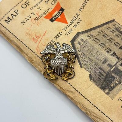 LOT 147: Sterling US Navy Officer Cap Badge WWII Era (9.8gtw) w/ Vintage Map of Shanghai by the Navy YMCA