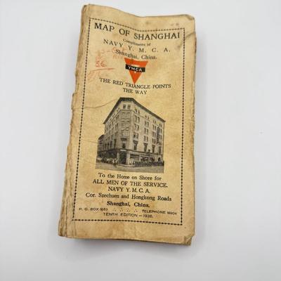 LOT 147: Sterling US Navy Officer Cap Badge WWII Era (9.8gtw) w/ Vintage Map of Shanghai by the Navy YMCA