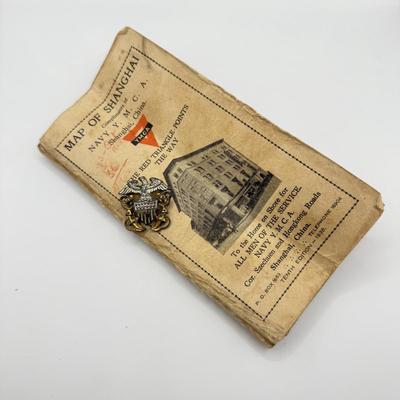 LOT 147: Sterling US Navy Officer Cap Badge WWII Era (9.8gtw) w/ Vintage Map of Shanghai by the Navy YMCA