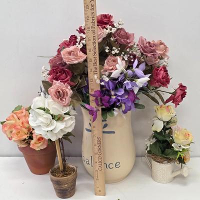 LOT 161: Beautiful Faux Floral Items, Includes Candle Rings, Swag & Pottery/Topiary Arrangements