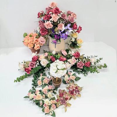 LOT 161: Beautiful Faux Floral Items, Includes Candle Rings, Swag & Pottery/Topiary Arrangements