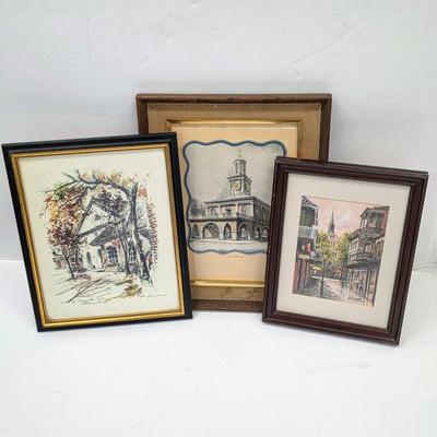 LOT 163: Vintage Framed Landscape Prints, Includes Colonial Williamsburg Scene By Artist John Haymson, The Old Market , Fayetville NC By...