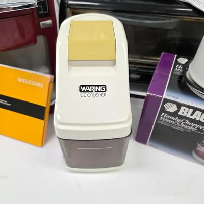 LOT 164: Kitchen Essential Collection, Includes Vintage Electric Waring Pro Ice Crusher W/ Groovy Cozy, Keurig KCup Machine, Electric...