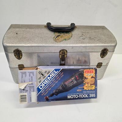 LOT 165: Vintage Dremel Variable Speed Rotary Tool W/Metal Tackle Box Containing Fishing Lures/Accessories