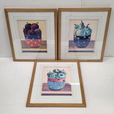 LOT 166: Three Vintage Wood Framed Watercolor Still Life Fruit In Bowl Paintings