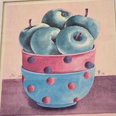 LOT 166: Three Vintage Wood Framed Watercolor Still Life Fruit In Bowl Paintings