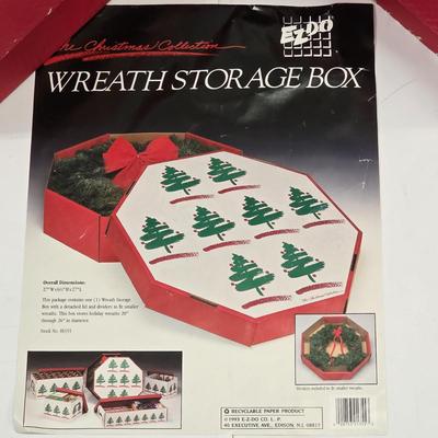 LOT 169: Two Vintage Wreath Storage Boxes, W/Two Artificial Wreaths & One Red Hanger. Boxes Store Up to 27" W x 6 1/2" H x...