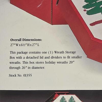LOT 169: Two Vintage Wreath Storage Boxes, W/Two Artificial Wreaths & One Red Hanger. Boxes Store Up to 27" W x 6 1/2" H x...