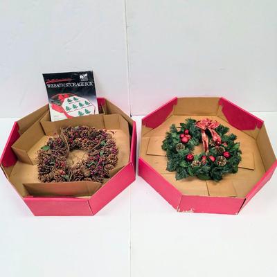 LOT 169: Two Vintage Wreath Storage Boxes, W/Two Artificial Wreaths & One Red Hanger. Boxes Store Up to 27" W x 6 1/2" H x...