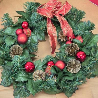 LOT 169: Two Vintage Wreath Storage Boxes, W/Two Artificial Wreaths & One Red Hanger. Boxes Store Up to 27" W x 6 1/2" H x...